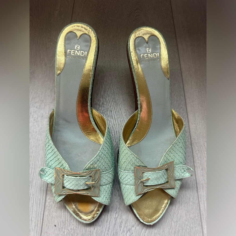 Fendi Mint and Gold Mules